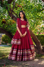 Thumbnail for Lorenvalley Maroon Pure Chanderi Plain With Zari Weaving Work Border Lehenga Choli with Dupatta