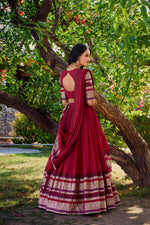 Thumbnail for Lorenvalley Maroon Pure Chanderi Plain With Zari Weaving Work Border Lehenga Choli with Dupatta