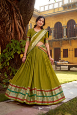 Thumbnail for Lorenvalley Fashion Mehendi Pure Chanderi (Naylon) Zari Weaving Work Lehenga Choli with Dupatta - Distacart