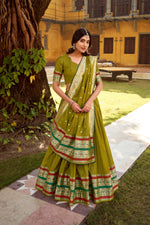 Thumbnail for Lorenvalley Fashion Mehendi Pure Chanderi (Naylon) Zari Weaving Work Lehenga Choli with Dupatta - Distacart