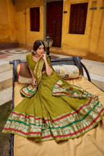 Thumbnail for Lorenvalley Fashion Mehendi Pure Chanderi (Naylon) Zari Weaving Work Lehenga Choli with Dupatta - Distacart
