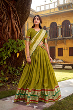 Thumbnail for Lorenvalley Fashion Mehendi Pure Chanderi (Naylon) Zari Weaving Work Lehenga Choli with Dupatta - Distacart