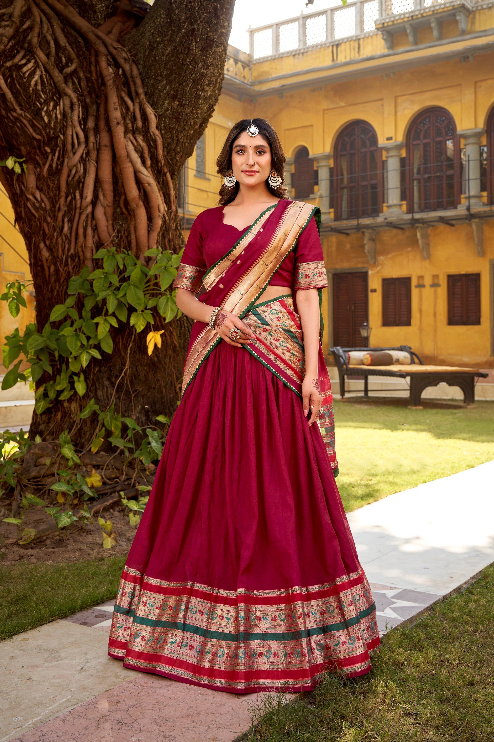 Lorenvalley Fashion Maroon Pure Chanderi (Naylon) Zari Weaving Work Lehenga Choli with Dupatta