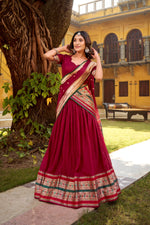 Thumbnail for Lorenvalley Fashion Maroon Pure Chanderi (Naylon) Zari Weaving Work Lehenga Choli with Dupatta - Distacart