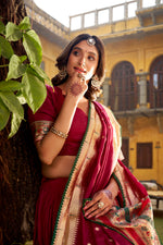 Thumbnail for Lorenvalley Fashion Maroon Pure Chanderi (Naylon) Zari Weaving Work Lehenga Choli with Dupatta - Distacart