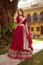 Thumbnail for Lorenvalley Fashion Maroon Pure Chanderi (Naylon) Zari Weaving Work Lehenga Choli with Dupatta - Distacart