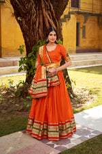 Thumbnail for Lorenvalley Fashion Orange Pure Chanderi (Naylon) Zari Weaving Work Lehenga Choli with Dupatta - Distacart