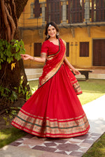 Thumbnail for Lorenvalley Fashion Red Pure Chanderi (Naylon) Zari Weaving Work Lehenga Choli with Dupatta - Distacart