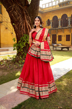 Thumbnail for Lorenvalley Fashion Red Pure Chanderi (Naylon) Zari Weaving Work Lehenga Choli with Dupatta - Distacart
