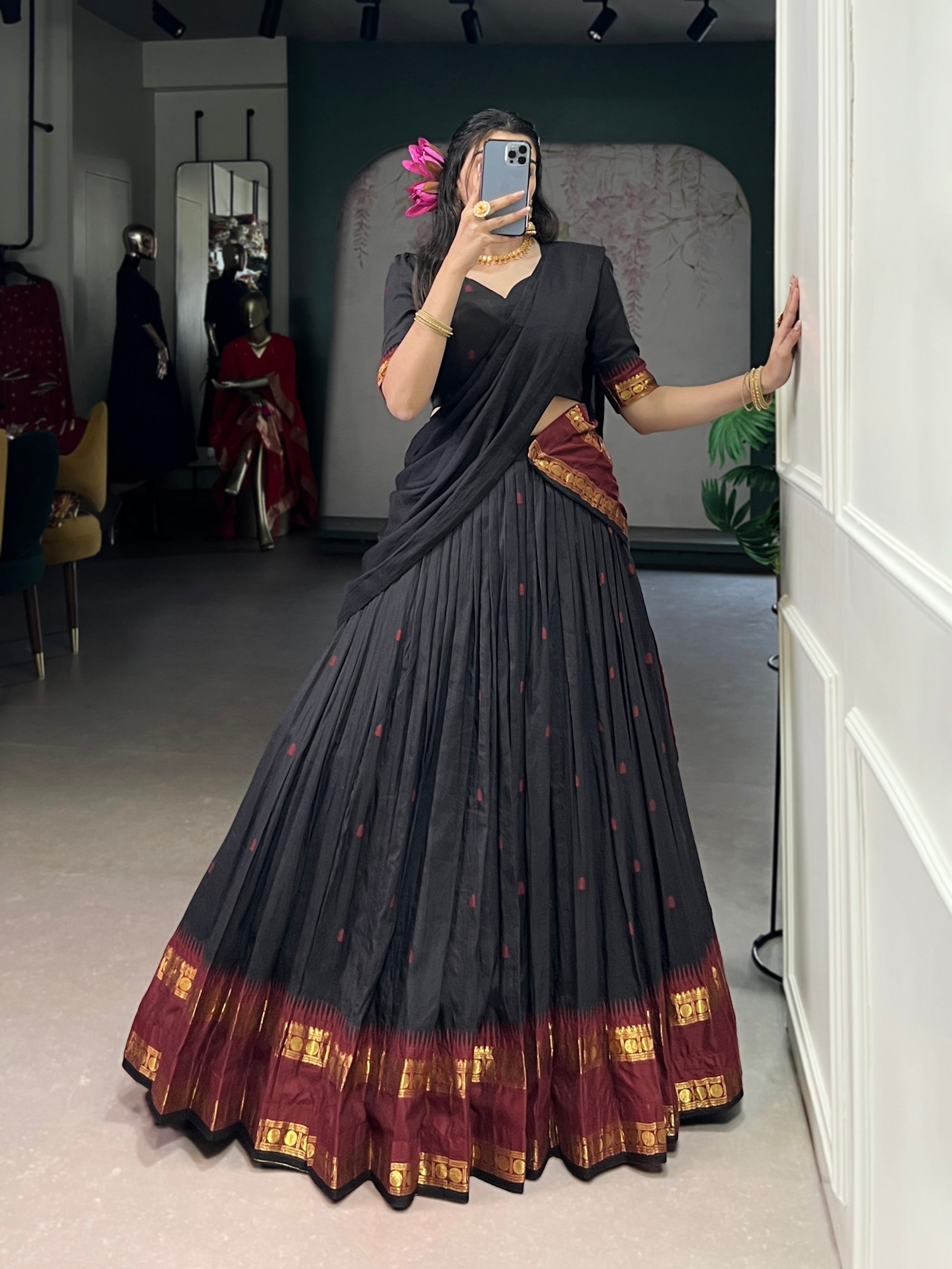 Lorenvalley Fashion Black Pure Chanderi Zari Weaving Work Lehenga Choli with Dupatta
