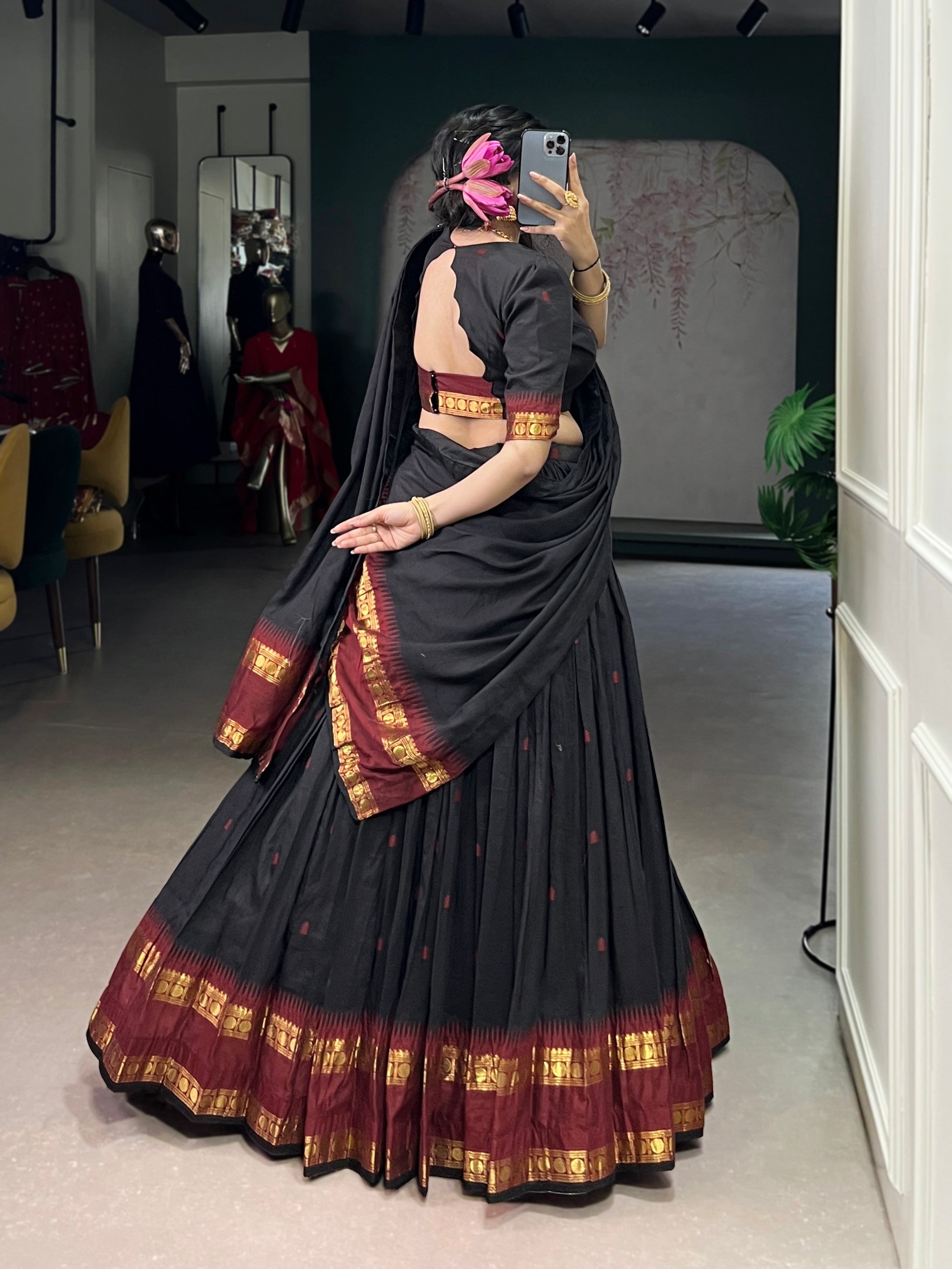 Lorenvalley Fashion Black Pure Chanderi Zari Weaving Work Lehenga Choli with Dupatta
