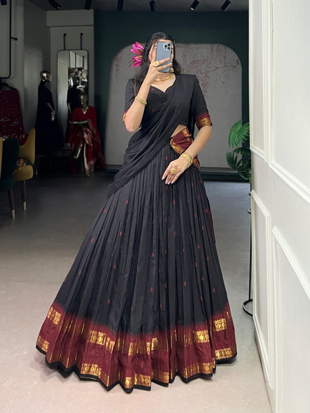 Lorenvalley Fashion Black Pure Chanderi Zari Weaving Work Lehenga Choli with Dupatta