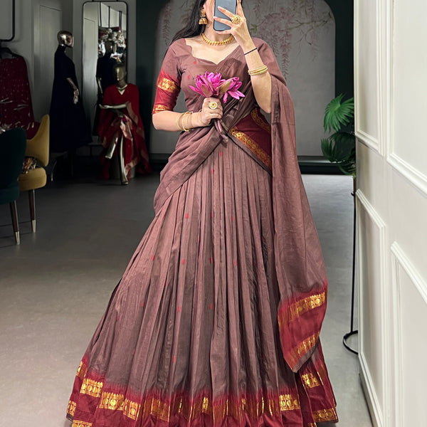 Lorenvalley Fashion Brown Pure Chanderi Zari Weaving Work Lehenga Choli with Dupatta