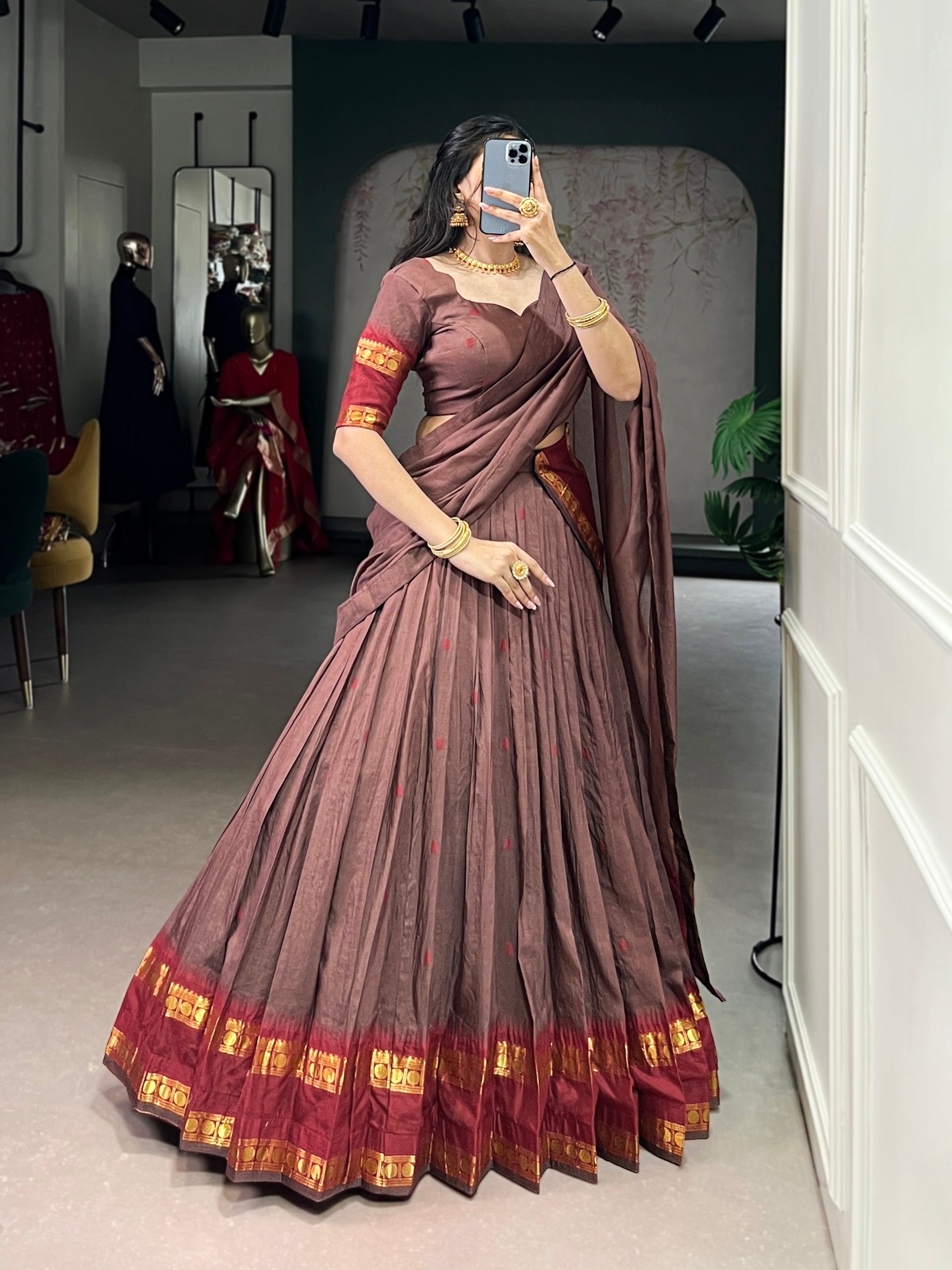 Lorenvalley Fashion Brown Pure Chanderi Zari Weaving Work Lehenga Choli with Dupatta
