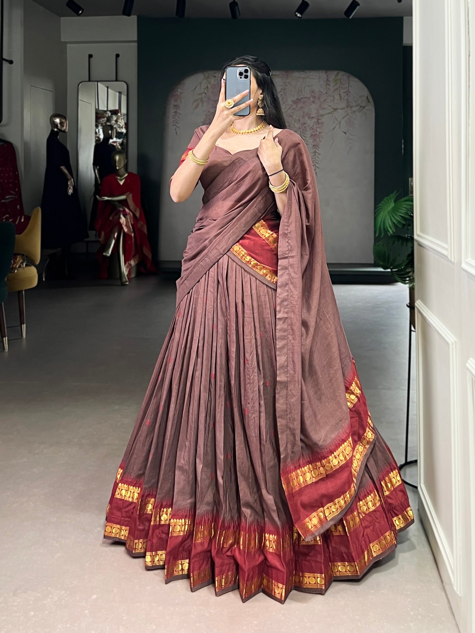 Lorenvalley Fashion Brown Pure Chanderi Zari Weaving Work Lehenga Choli with Dupatta