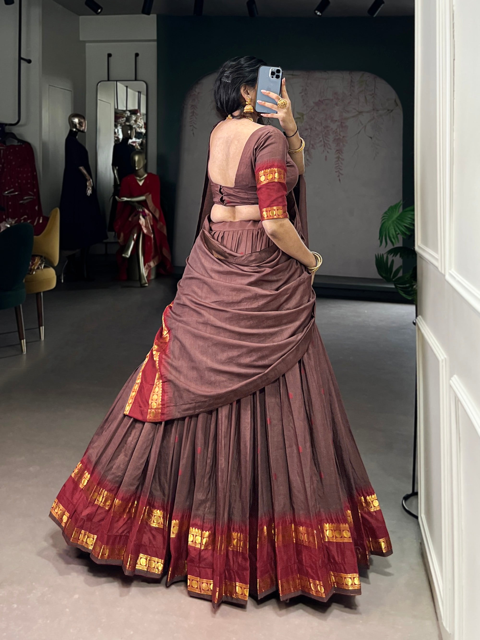 Lorenvalley Fashion Brown Pure Chanderi Zari Weaving Work Lehenga Choli with Dupatta