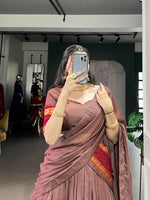 Thumbnail for Lorenvalley Fashion Brown Pure Chanderi Zari Weaving Work Lehenga Choli with Dupatta