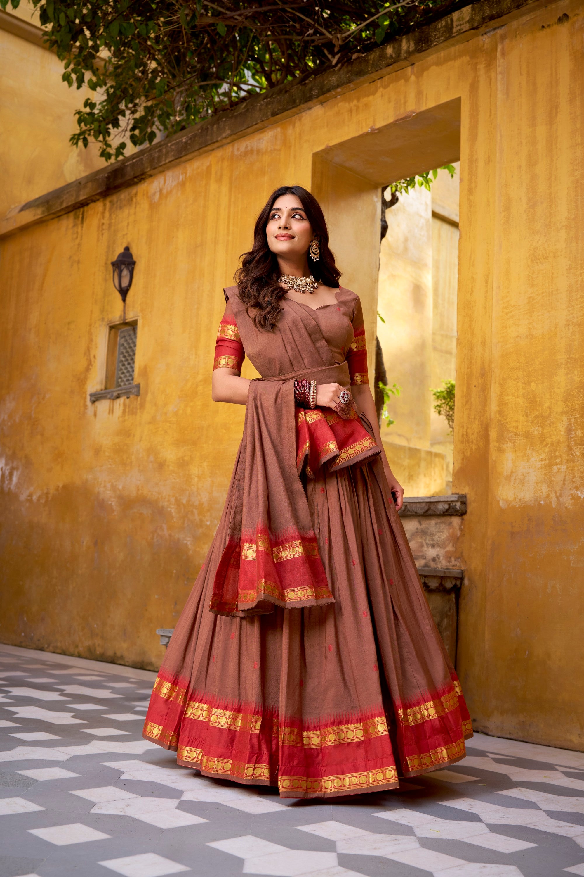 Lorenvalley Fashion Brown Pure Chanderi Zari Weaving Work Lehenga Choli with Dupatta