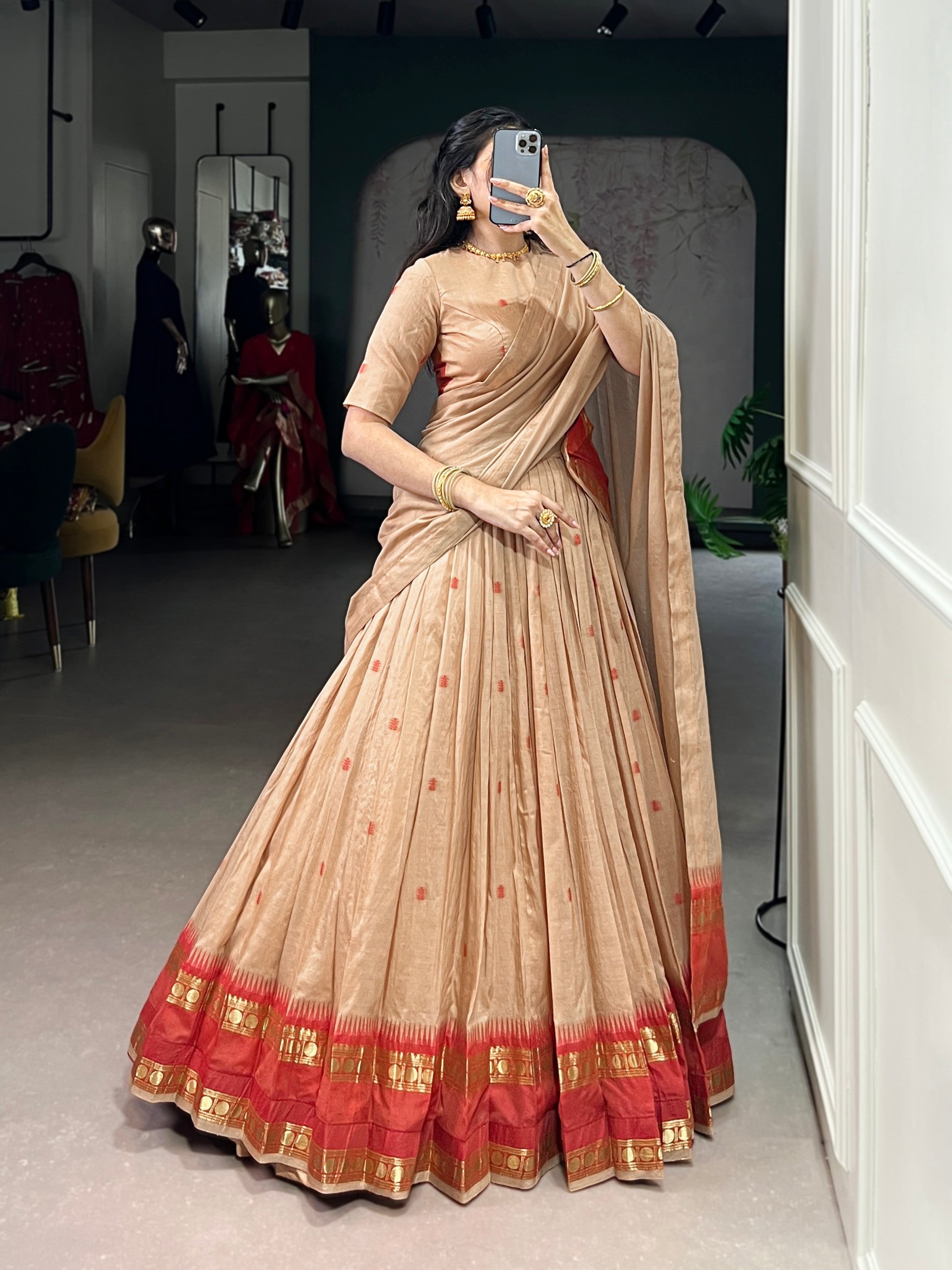 Lorenvalley Fashion Cream Pure Chanderi Zari Weaving Work Lehenga Choli with Dupatta