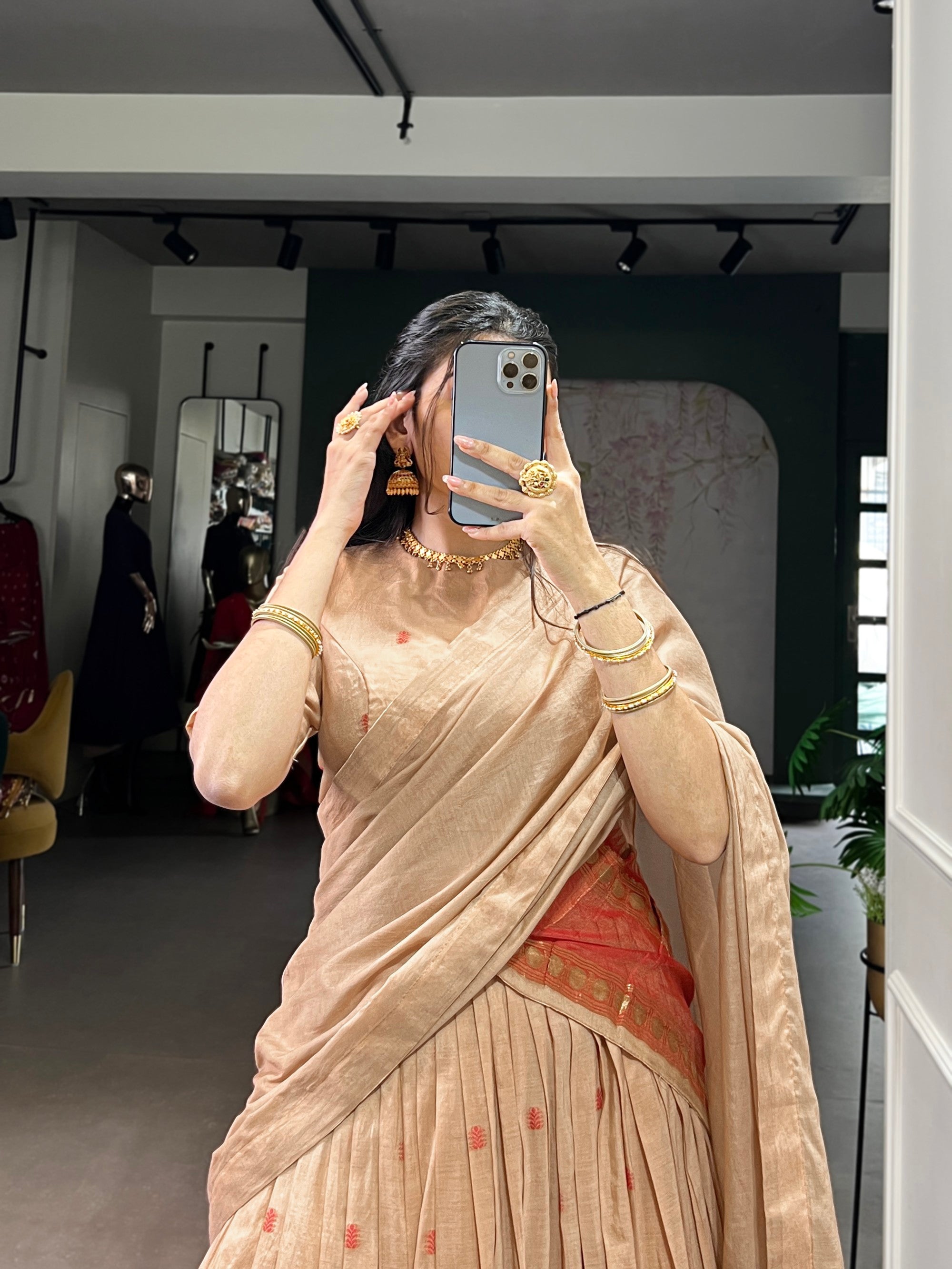 Lorenvalley Fashion Cream Pure Chanderi Zari Weaving Work Lehenga Choli with Dupatta