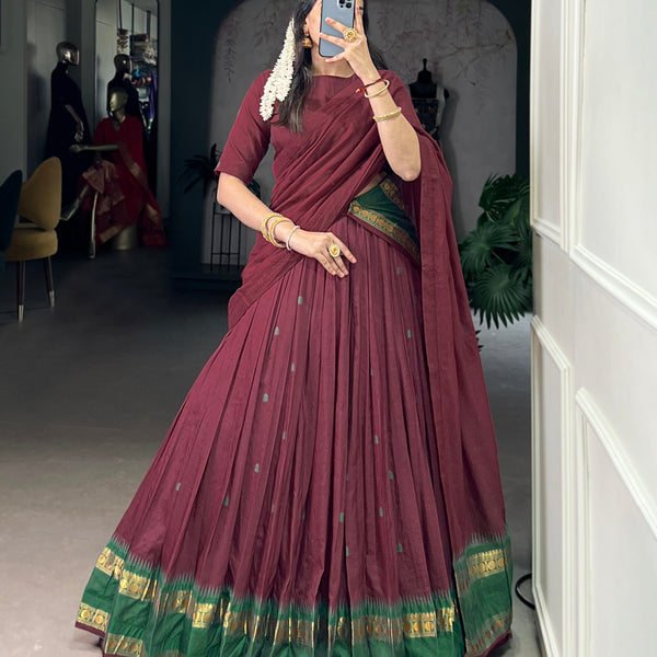 Lorenvalley Fashion Maroon Pure Chanderi Zari Weaving Work Lehenga Choli with Dupatta - Distacart