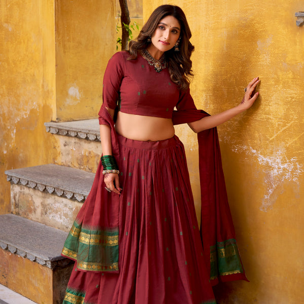 Lorenvalley Fashion Maroon Pure Chanderi Zari Weaving Work Lehenga Choli with Dupatta - Distacart