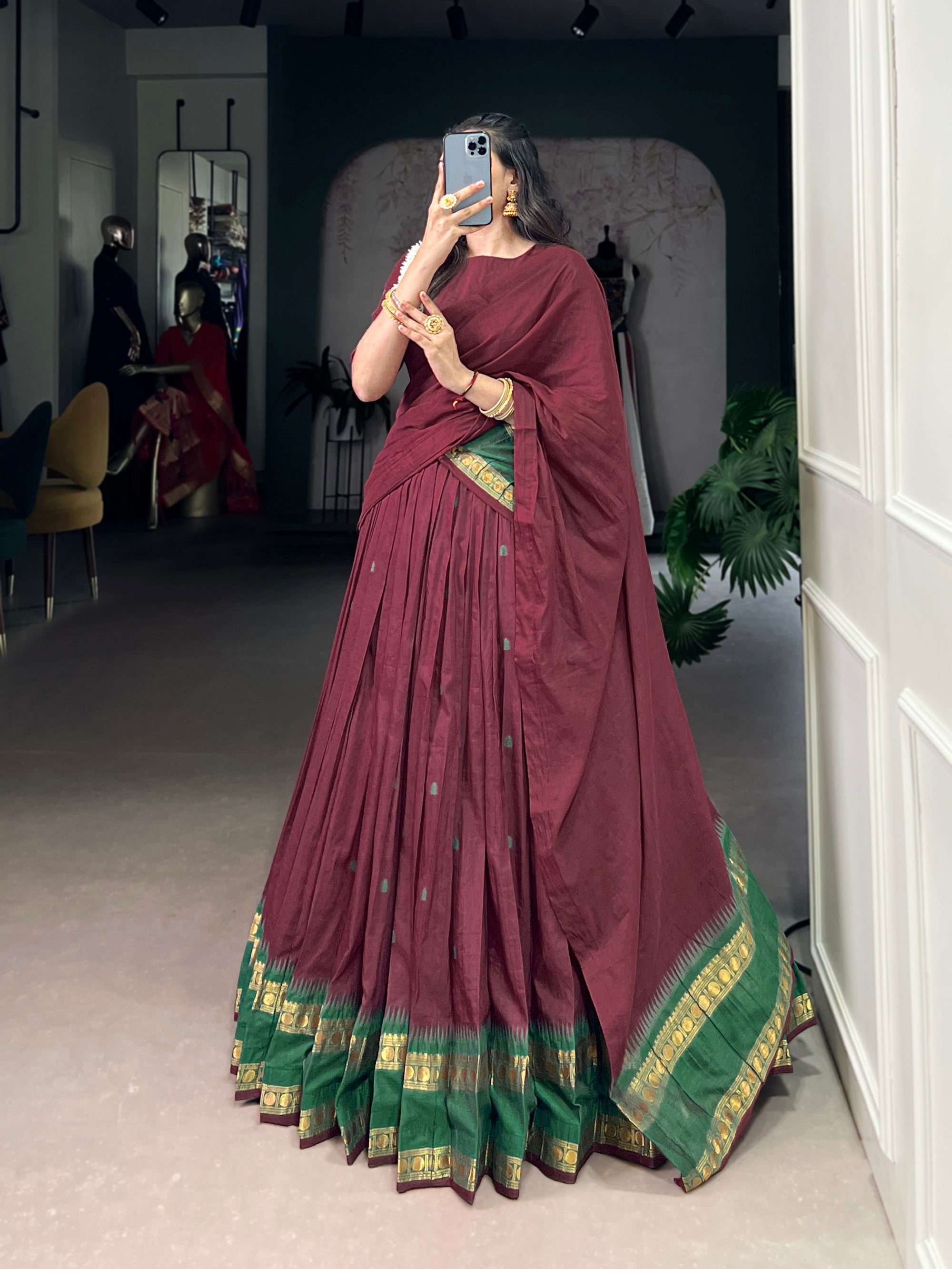 Lorenvalley Fashion Maroon Pure Chanderi Zari Weaving Work Lehenga Choli with Dupatta