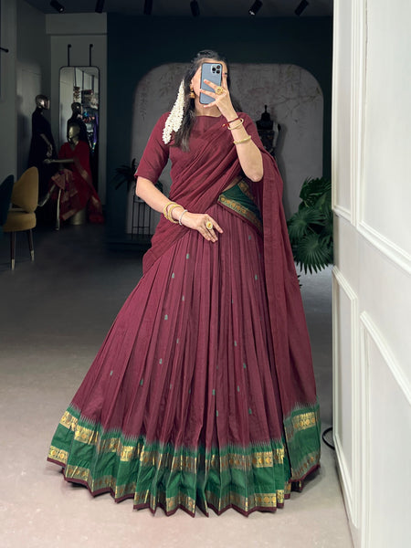 Lorenvalley Fashion Maroon Pure Chanderi Zari Weaving Work Lehenga Choli with Dupatta