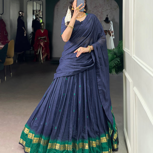 Lorenvalley Fashion Navy Blue Pure Chanderi Zari Weaving Work Lehenga Choli with Dupatta - Distacart