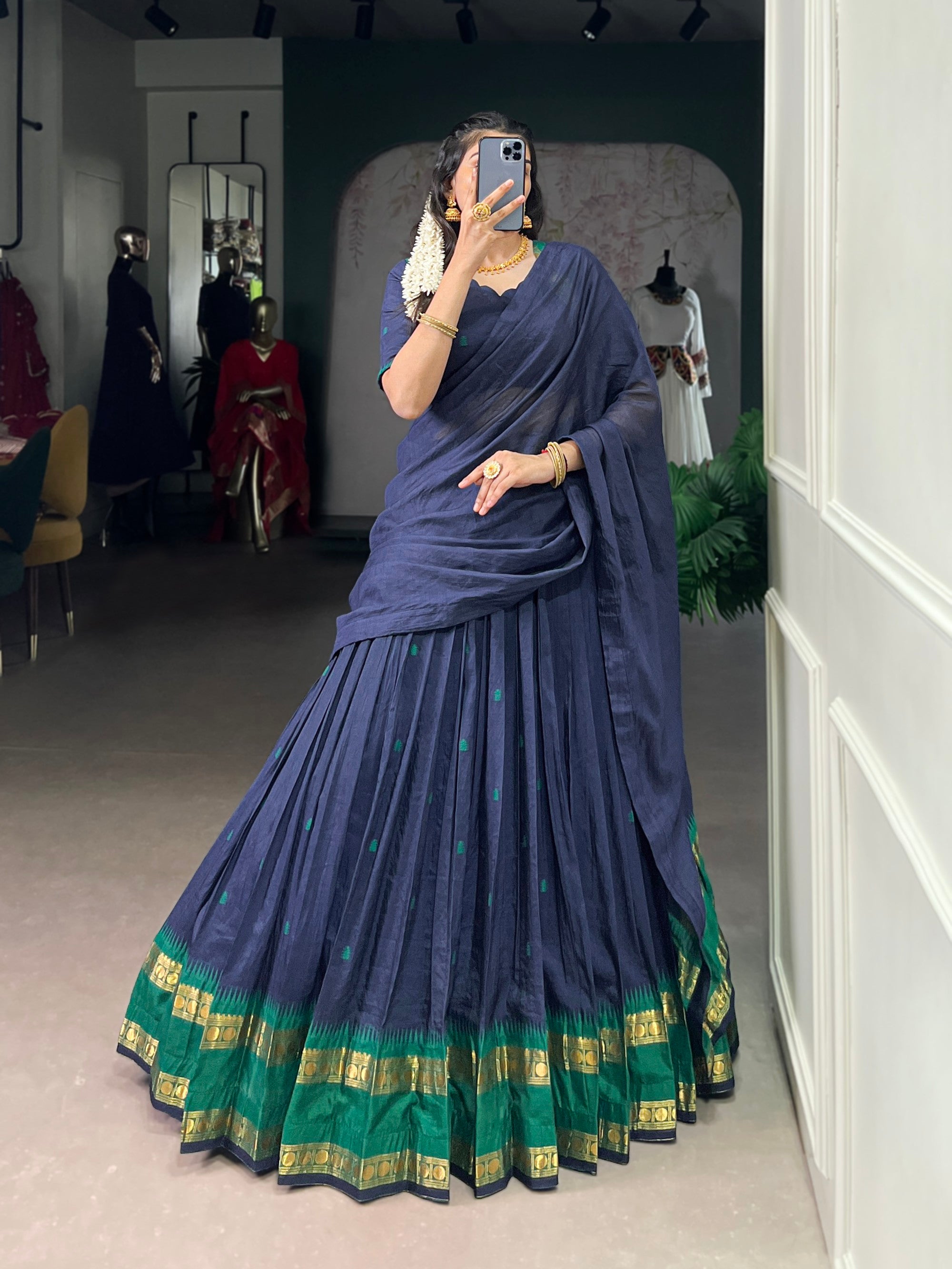 Lorenvalley Fashion Navy Blue Pure Chanderi Zari Weaving Work Lehenga Choli with Dupatta