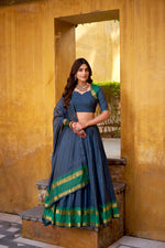 Thumbnail for Lorenvalley Fashion Navy Blue Pure Chanderi Zari Weaving Work Lehenga Choli with Dupatta - Distacart