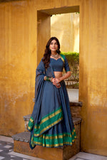 Thumbnail for Lorenvalley Fashion Navy Blue Pure Chanderi Zari Weaving Work Lehenga Choli with Dupatta - Distacart