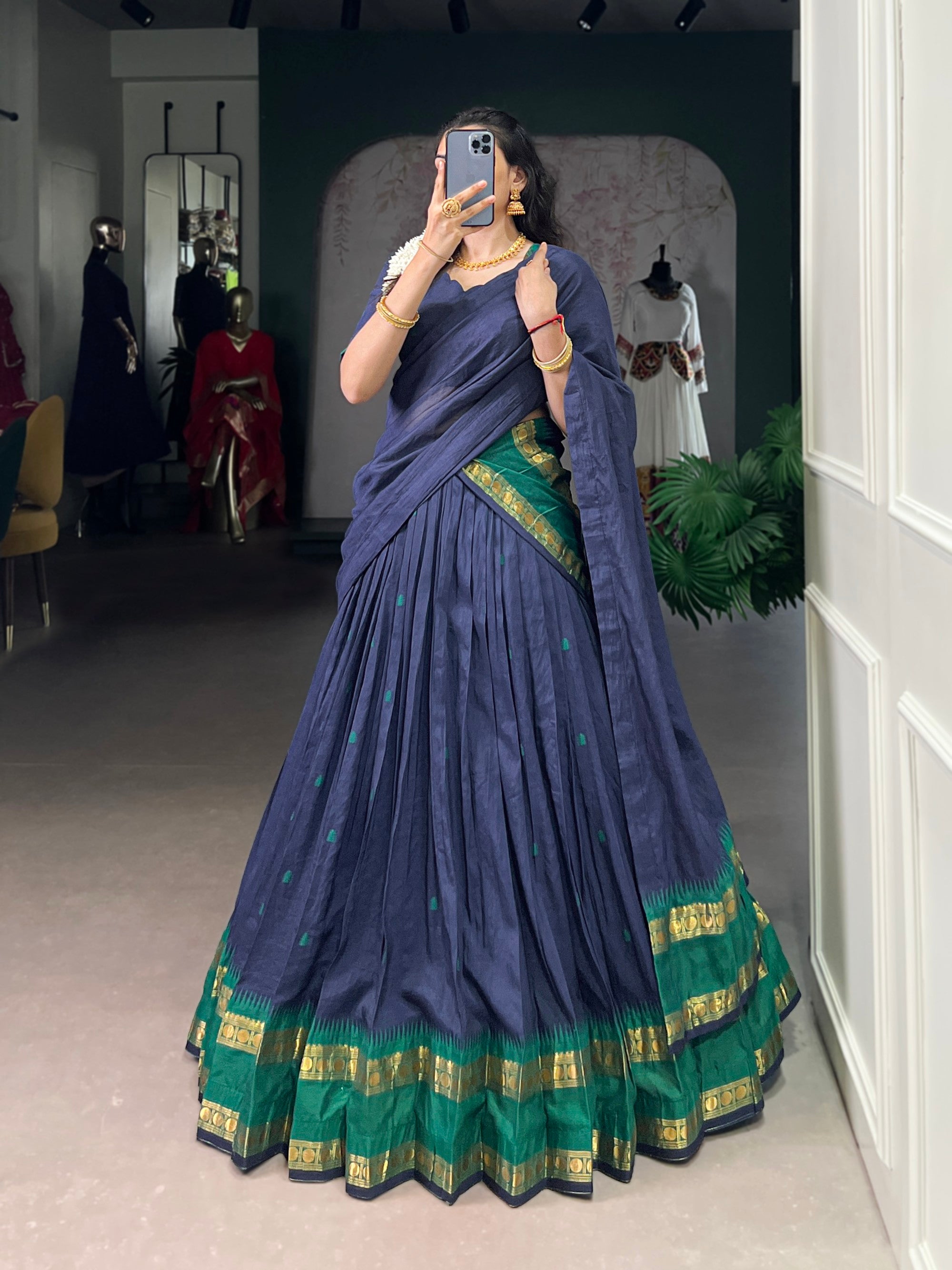 Lorenvalley Fashion Navy Blue Pure Chanderi Zari Weaving Work Lehenga Choli with Dupatta