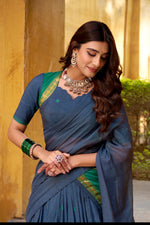 Thumbnail for Lorenvalley Fashion Navy Blue Pure Chanderi Zari Weaving Work Lehenga Choli with Dupatta - Distacart