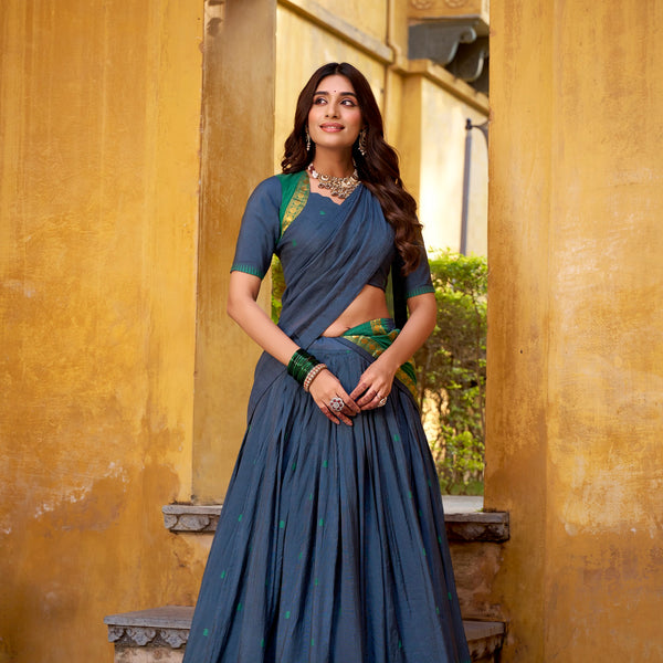 Lorenvalley Fashion Navy Blue Pure Chanderi Zari Weaving Work Lehenga Choli with Dupatta - Distacart