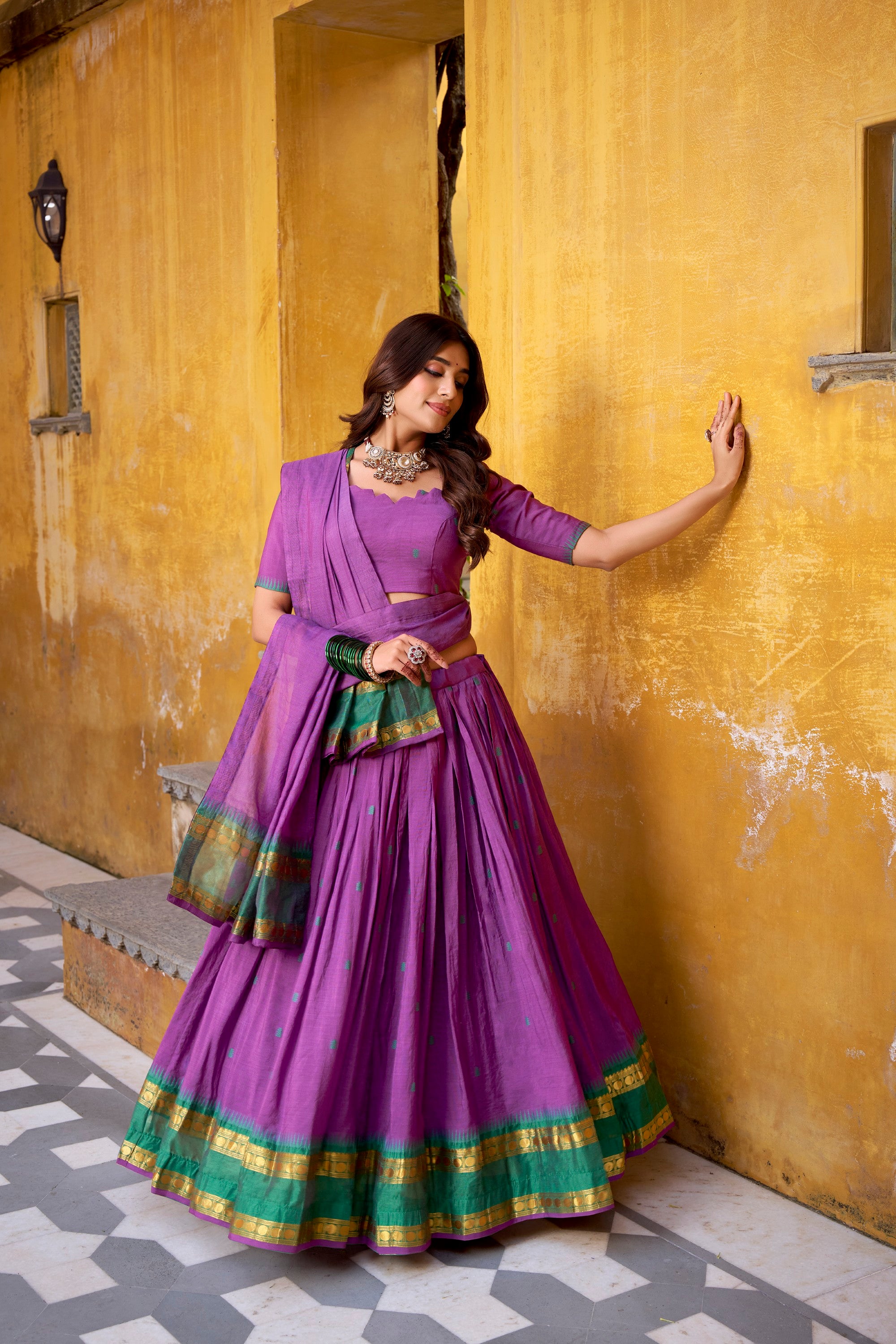 Lorenvalley Fashion Purple Pure Chanderi Zari Weaving Work Lehenga Choli with Dupatta