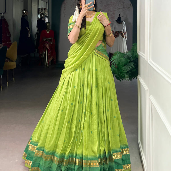 Lorenvalley Fashion Parrot Green Pure Chanderi Zari Weaving Work Lehenga Choli with Dupatta