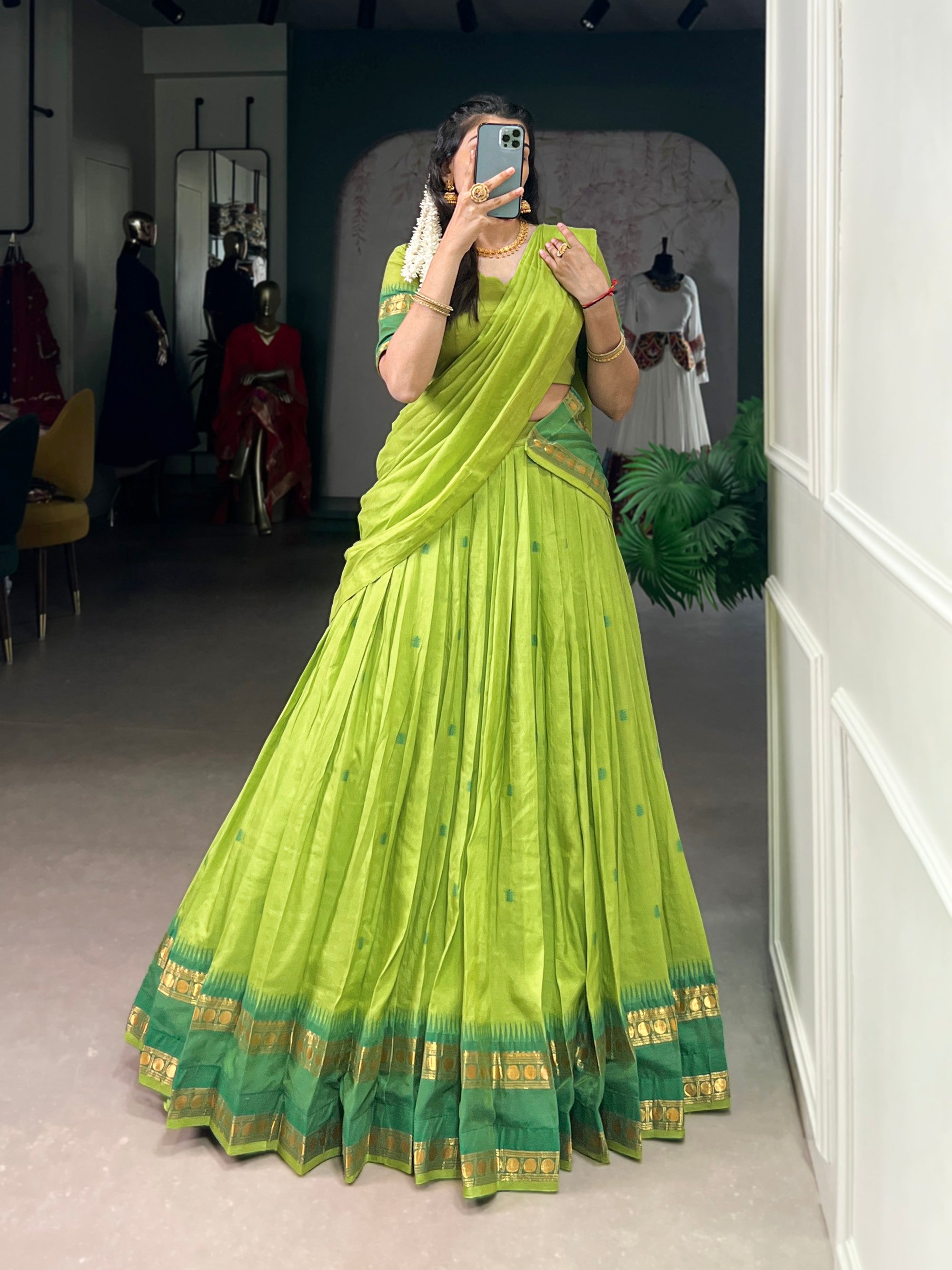 Lorenvalley Fashion Parrot Green Pure Chanderi Zari Weaving Work Lehenga Choli with Dupatta