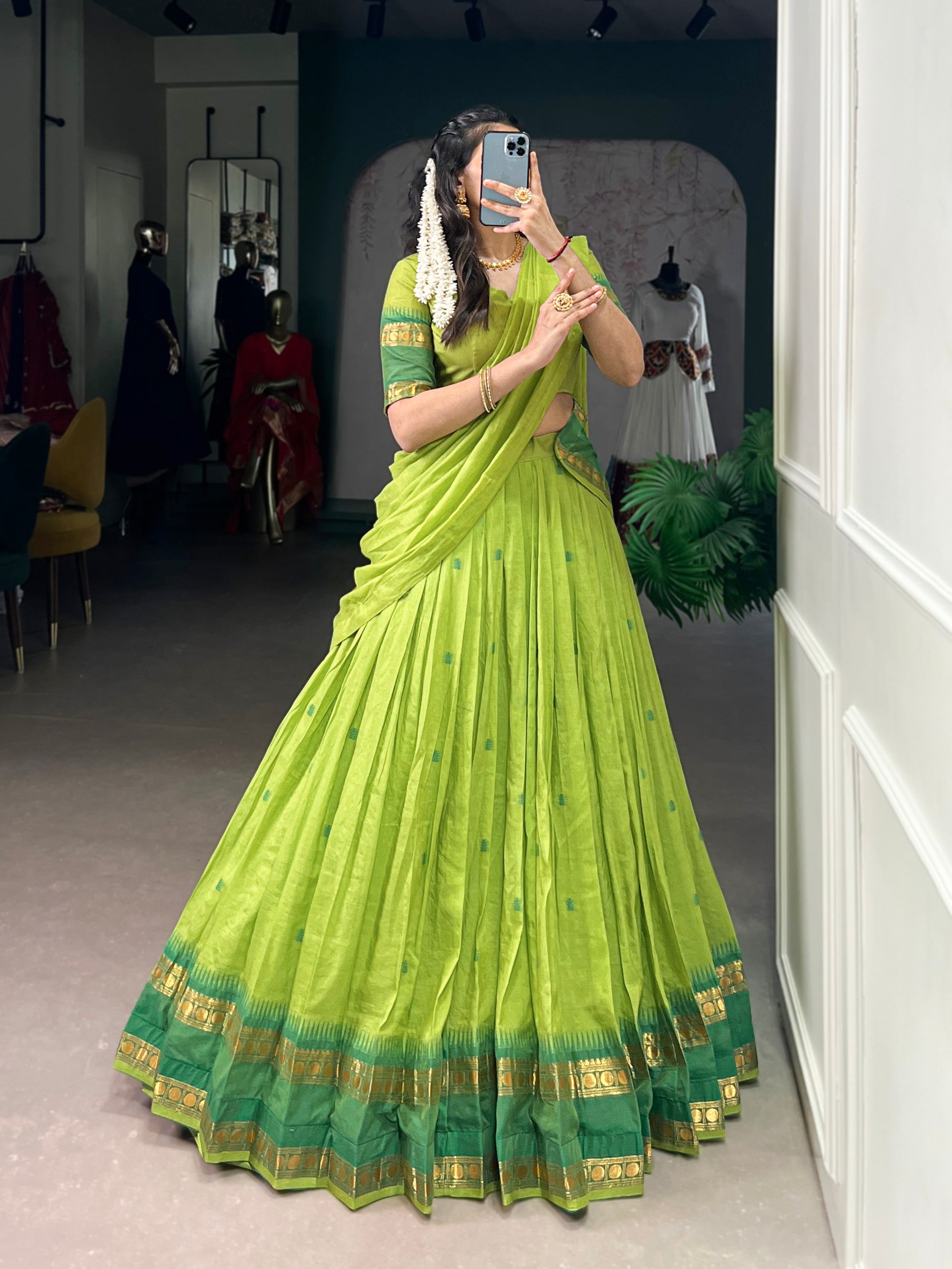 Lorenvalley Fashion Parrot Green Pure Chanderi Zari Weaving Work Lehenga Choli with Dupatta