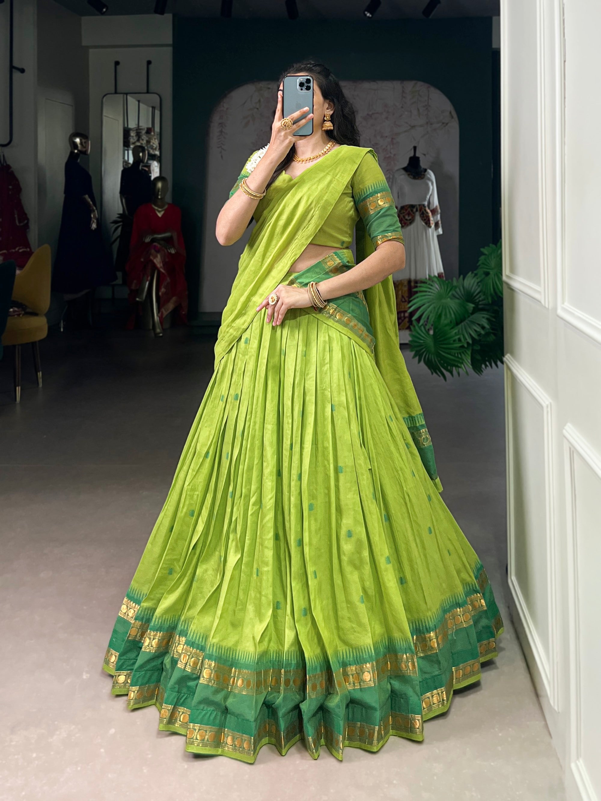 Lorenvalley Fashion Parrot Green Pure Chanderi Zari Weaving Work Lehenga Choli with Dupatta