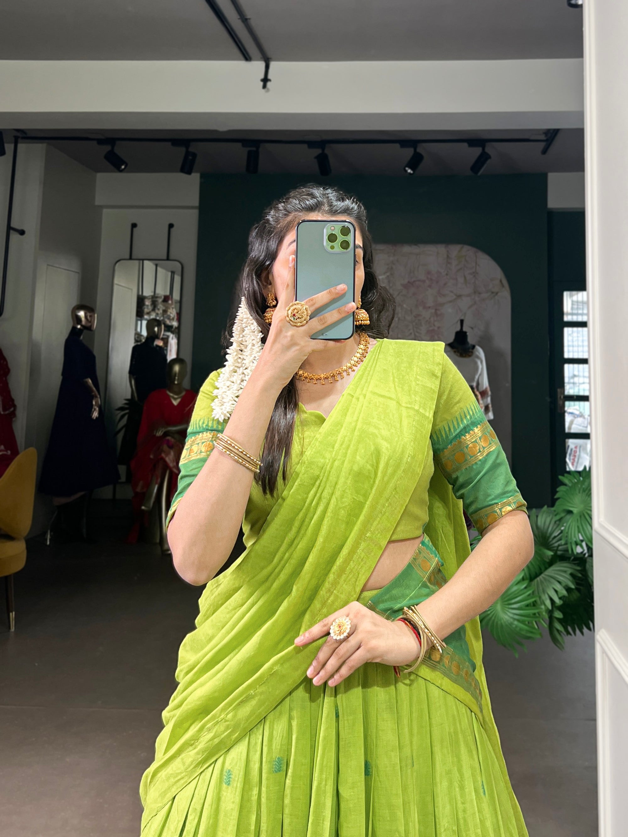 Lorenvalley Fashion Parrot Green Pure Chanderi Zari Weaving Work Lehenga Choli with Dupatta