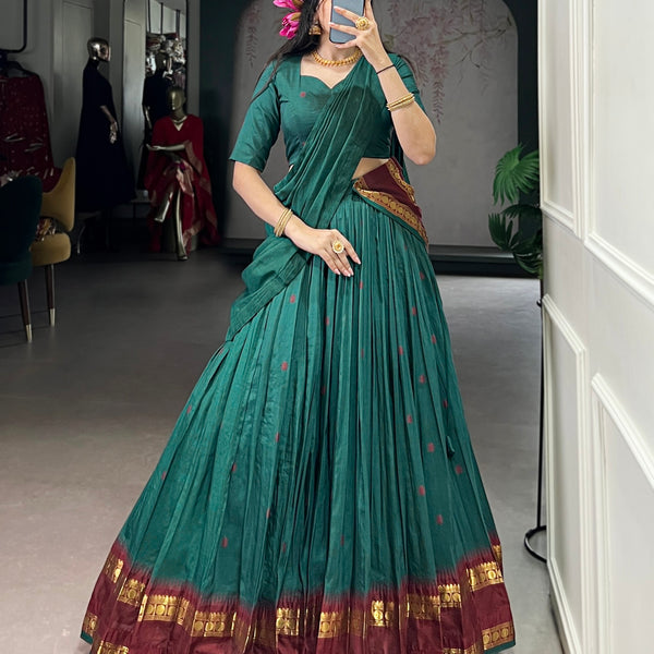 Lorenvalley Fashion Teal Pure Chanderi Zari Weaving Work Lehenga Choli with Dupatta