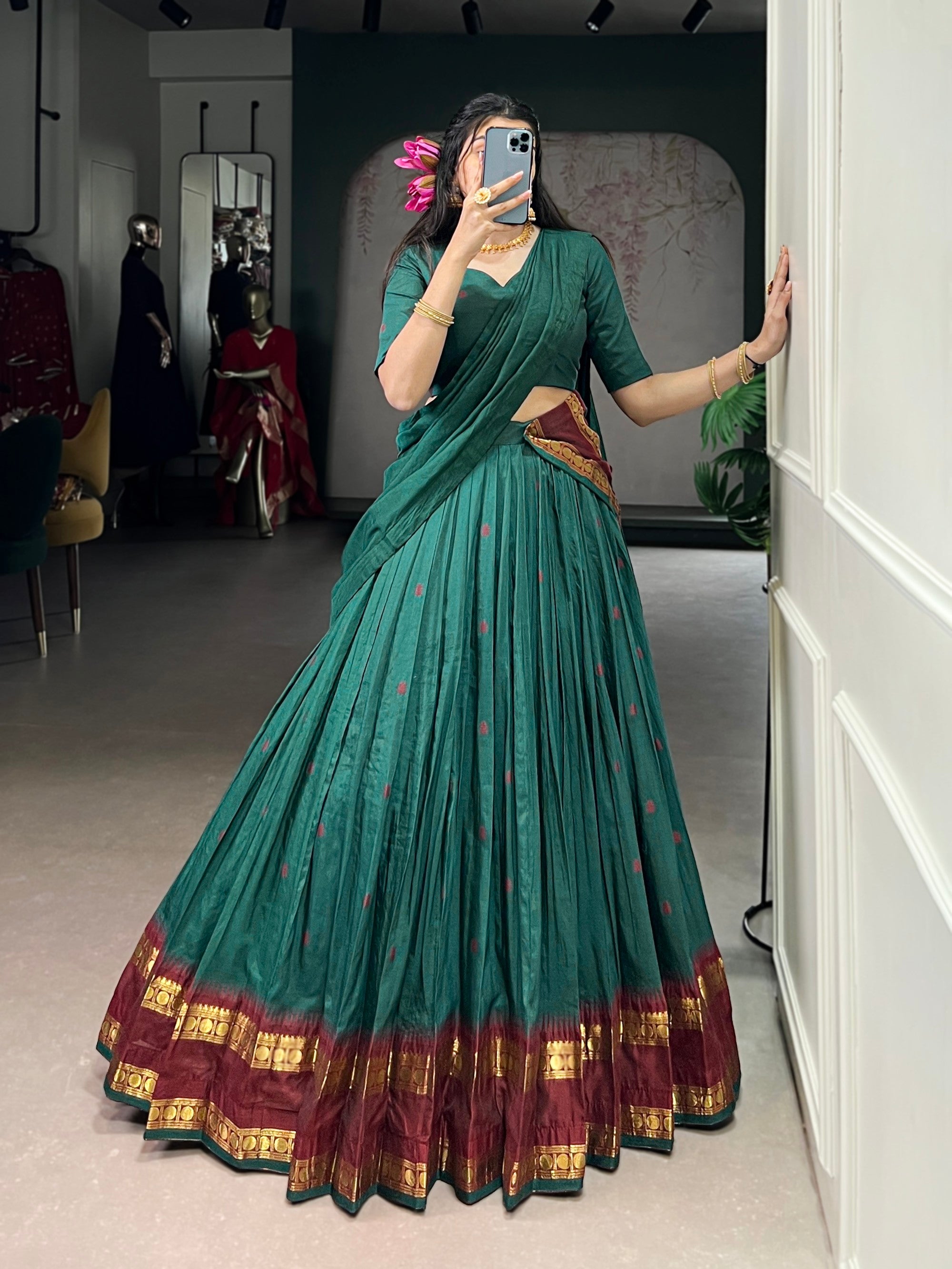 Lorenvalley Fashion Teal Pure Chanderi Zari Weaving Work Lehenga Choli with Dupatta