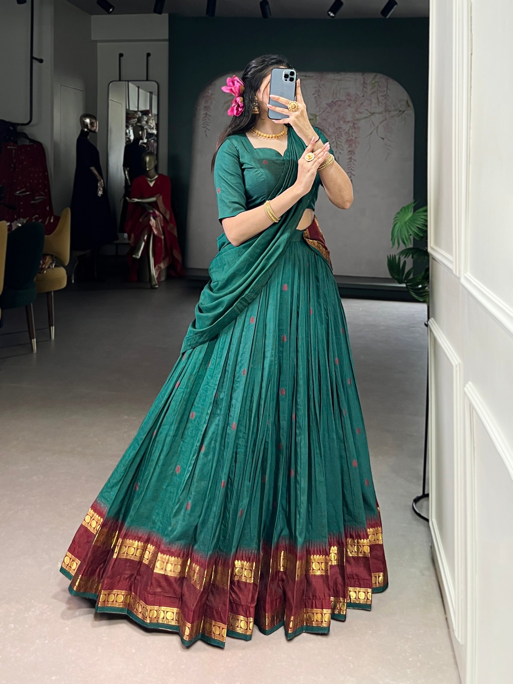 Lorenvalley Fashion Teal Pure Chanderi Zari Weaving Work Lehenga Choli with Dupatta