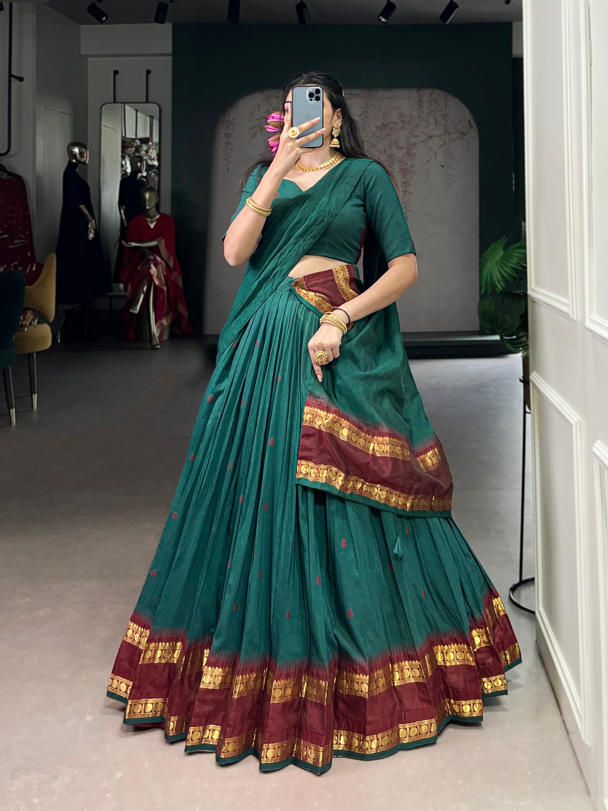 Lorenvalley Fashion Teal Pure Chanderi Zari Weaving Work Lehenga Choli with Dupatta