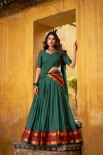 Thumbnail for Lorenvalley Fashion Teal Pure Chanderi Zari Weaving Work Lehenga Choli with Dupatta - Distacart