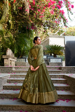 Thumbnail for Lorenvalley Mehendi Pure Chanderi Plain With Zari Weaving Work Border Lehenga Choli - Distacart