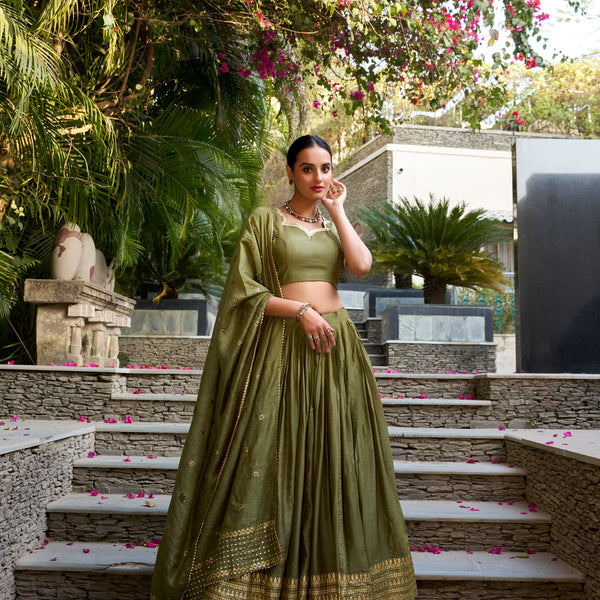 Lorenvalley Mehendi Pure Chanderi Plain With Zari Weaving Work Border Lehenga Choli - Distacart
