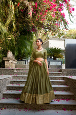 Thumbnail for Lorenvalley Mehendi Pure Chanderi Plain With Zari Weaving Work Border Lehenga Choli - Distacart