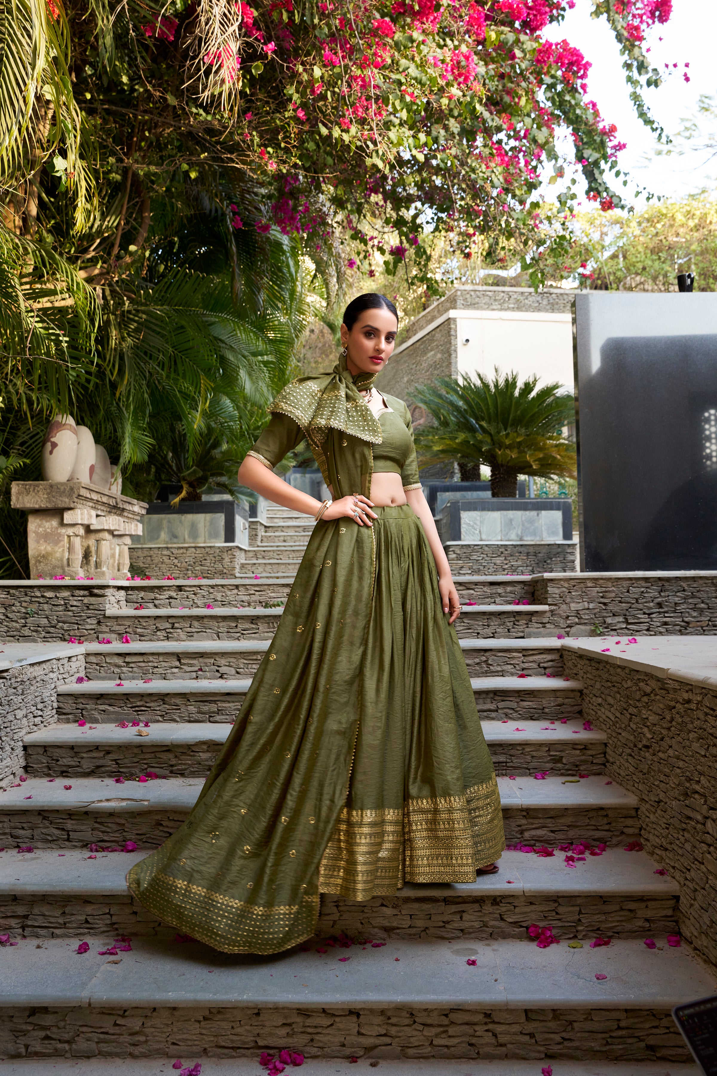Lorenvalley Mehendi Pure Chanderi Plain With Zari Weaving Work Border Lehenga Choli - Distacart